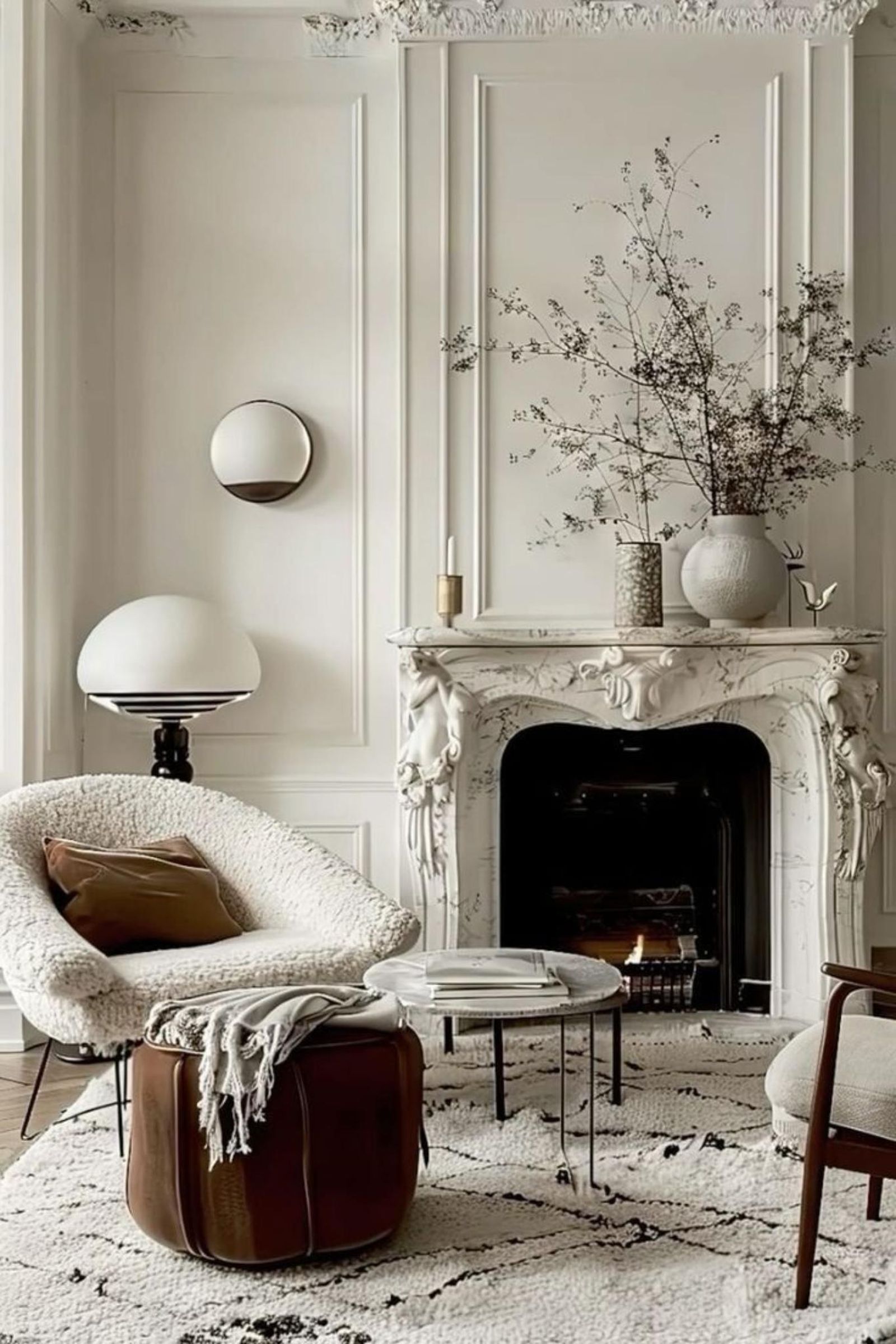 Salón elegante en blanco con tendencia la boiserie. Salón elegante en blanco con tendencia la boiserie.