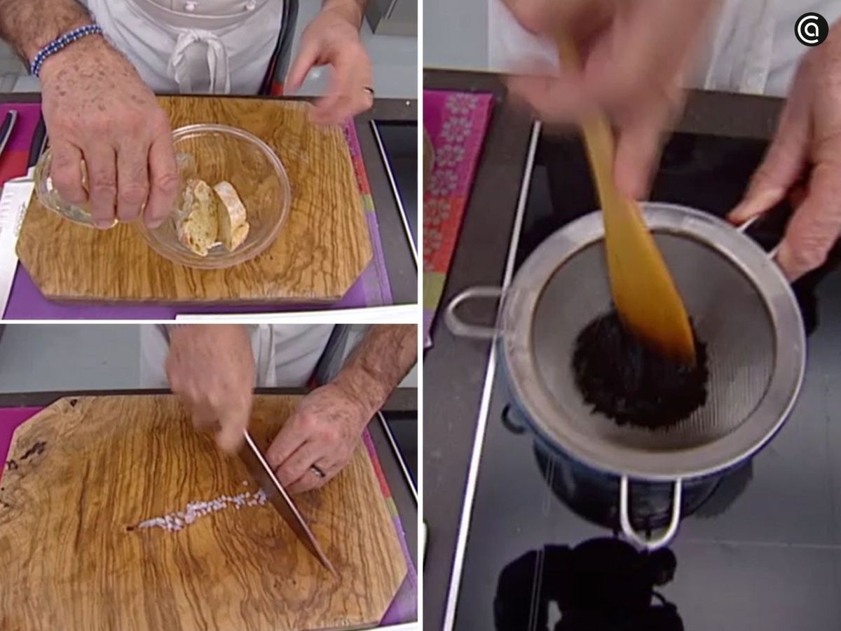Pon el pan a remojar con el vino blanco, corta los tentáculos del calamar y cuela la tinta