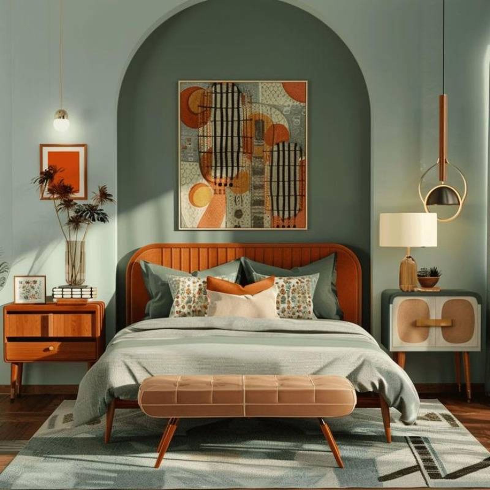 Dormitorio con colores otoñales.