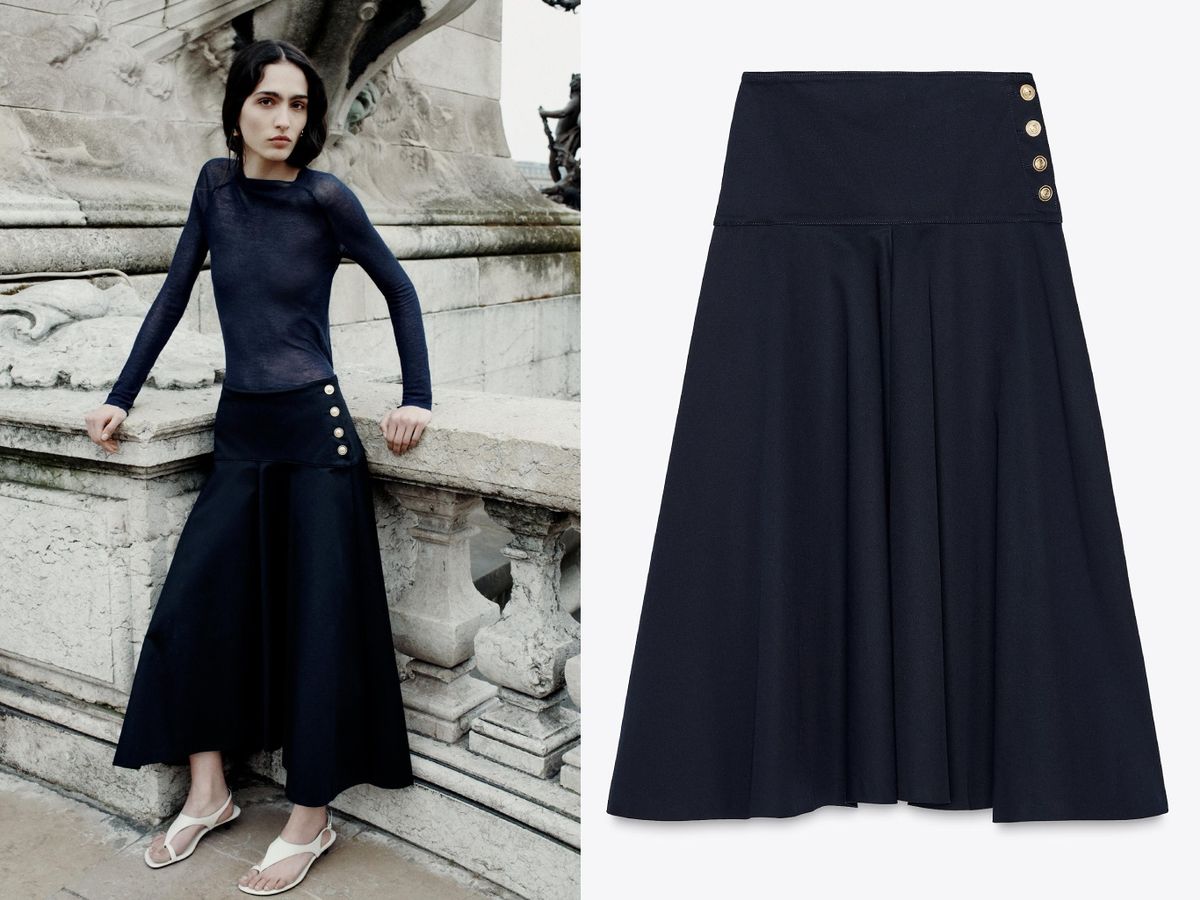 Falda midi con botones dorados en el lateral