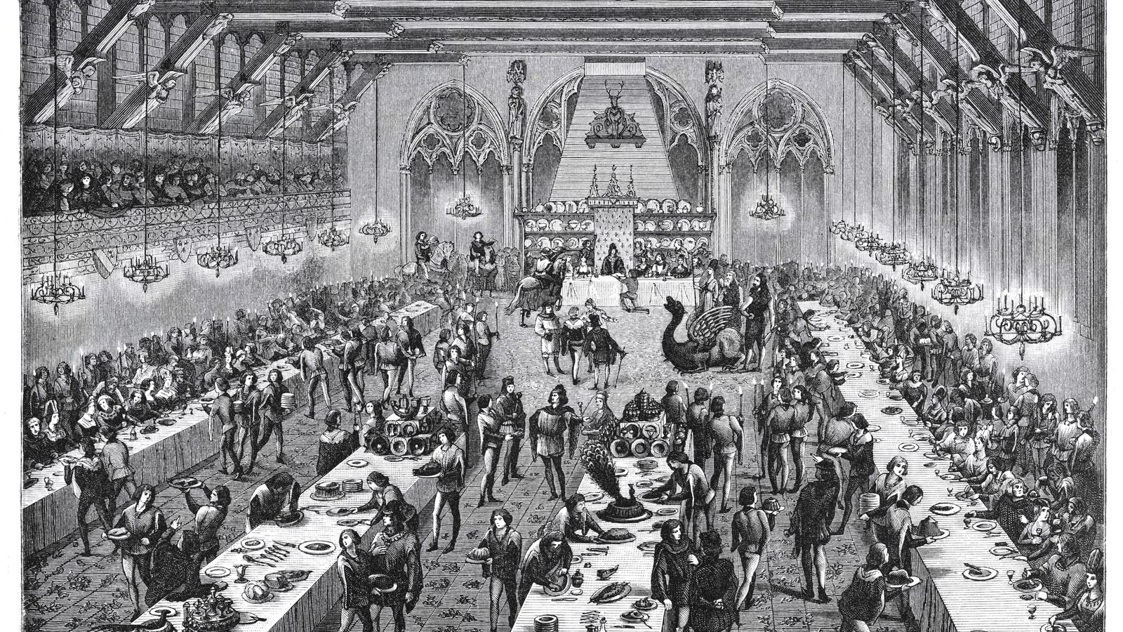Gran banquete ceremonial en la corte francesa en el siglo XIV