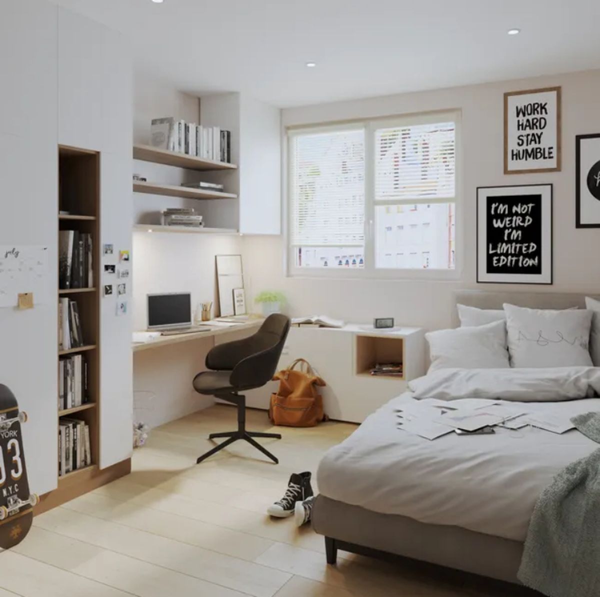 Habitación juvenil con escritorio en una esquina.