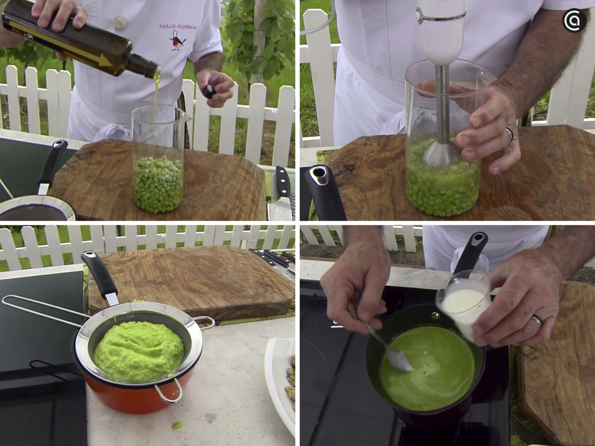 Prepara la crema de guisantes congelados
