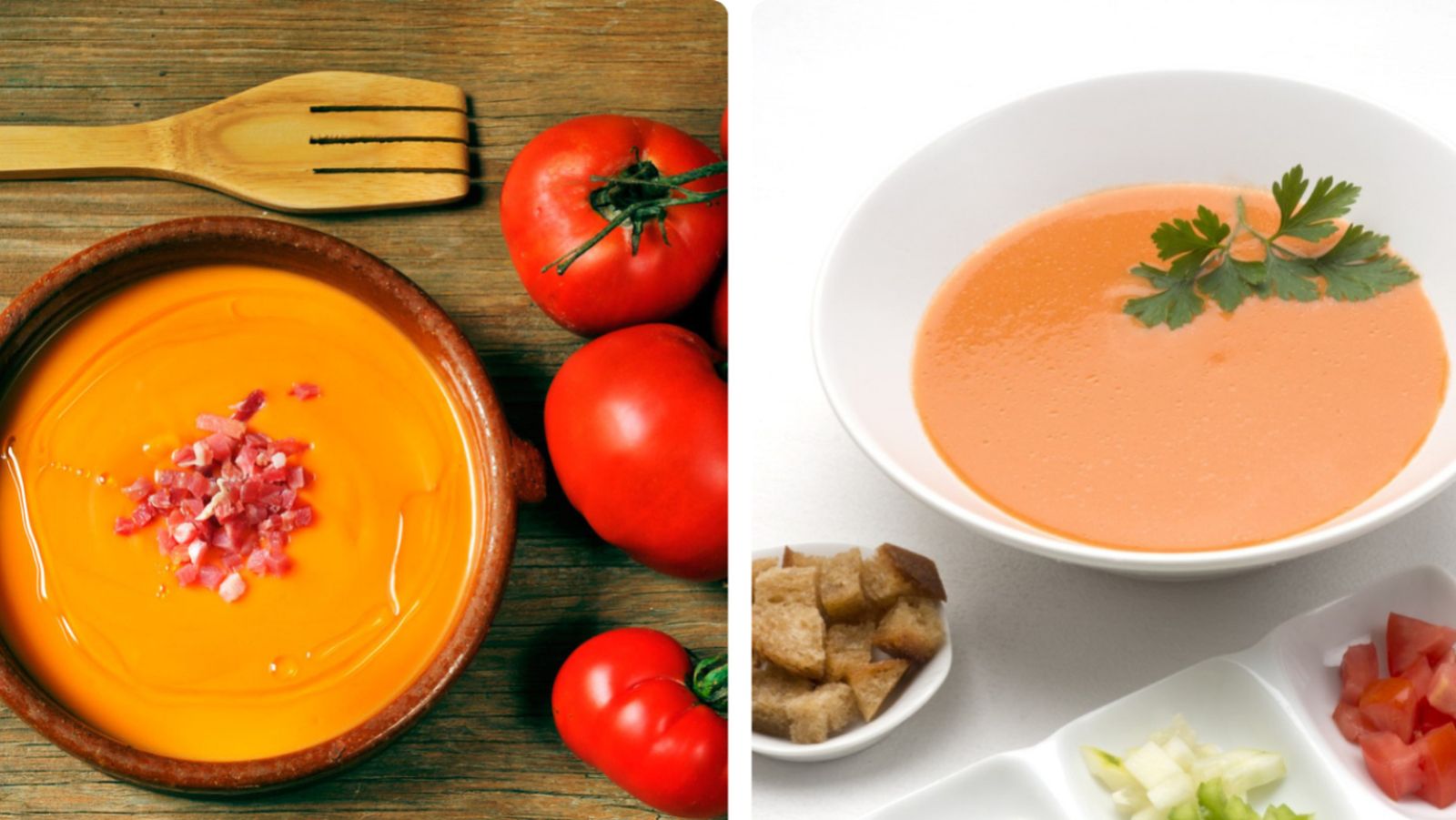 Salmorejo (izquierda) y gazpacho (derecha): dos sopas frías andaluzas con ingredientes y texturas muy distintas.