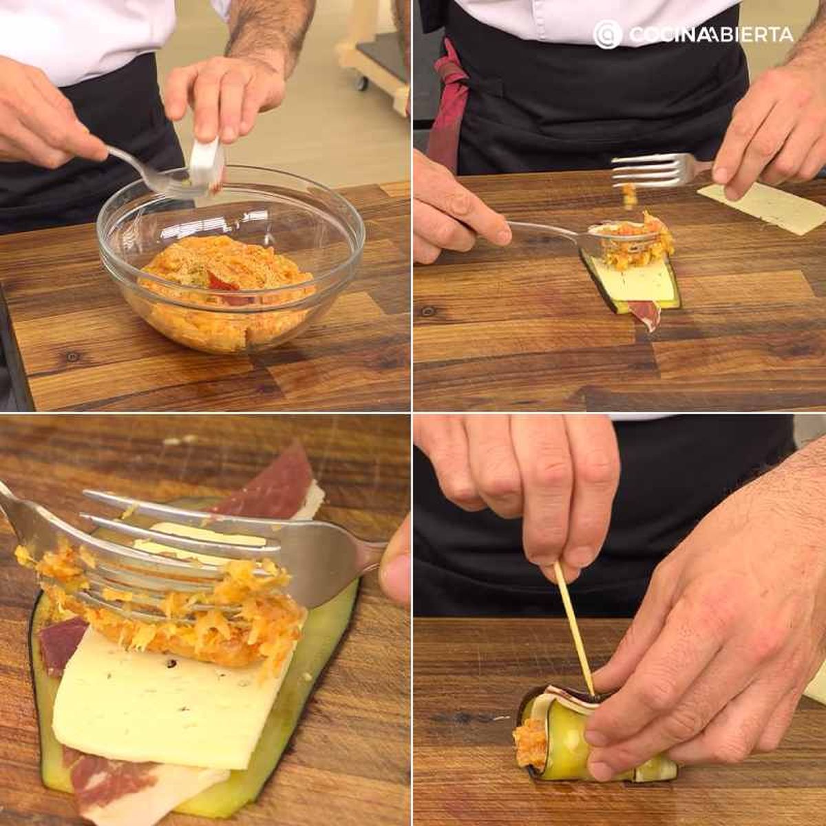 Enrolla la loncha de berenjena con pollo, jamón y queso