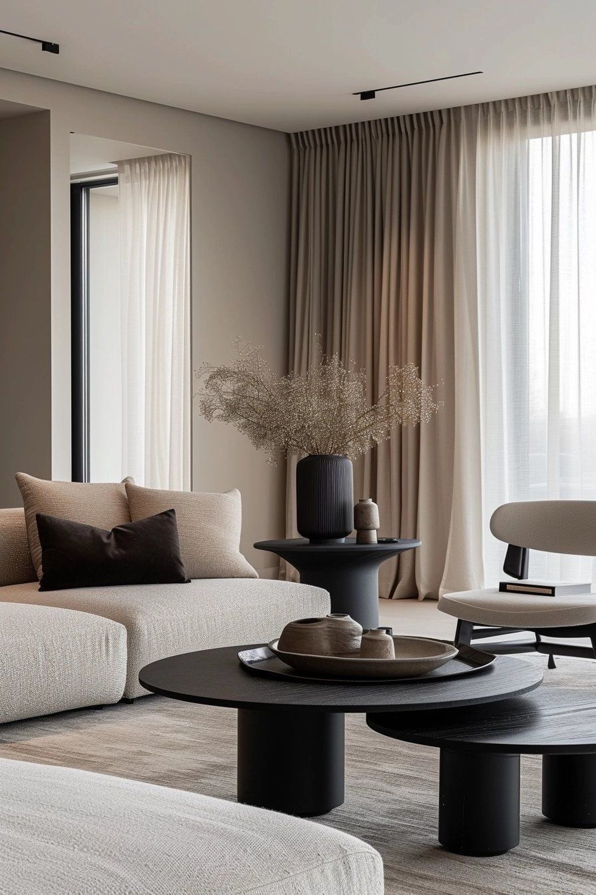 Salón con muebles modernos de madera oscura.