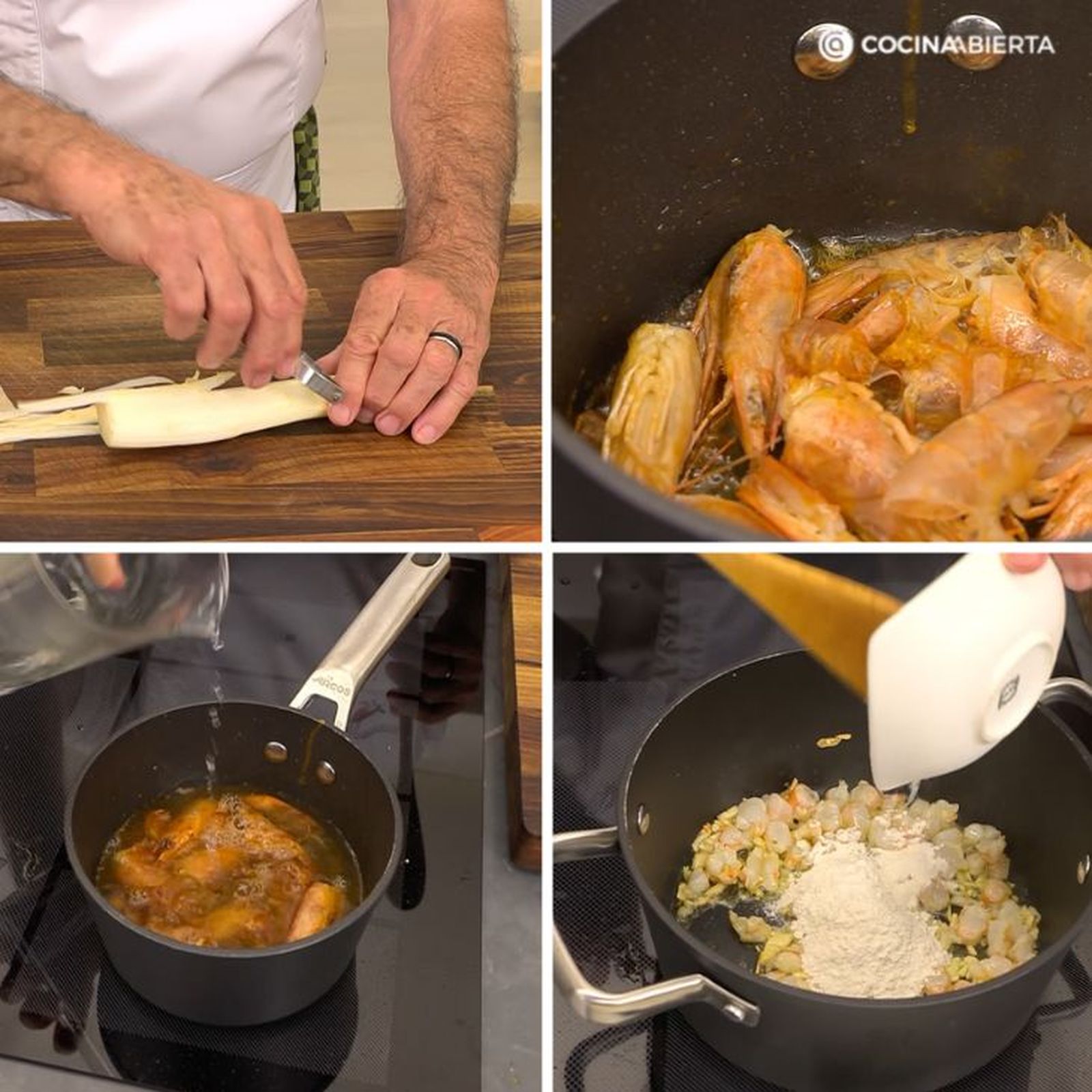 Preparación de espárragos blancos con langostinos y espinacas Preparación de espárragos blancos con langostinos y espinacas