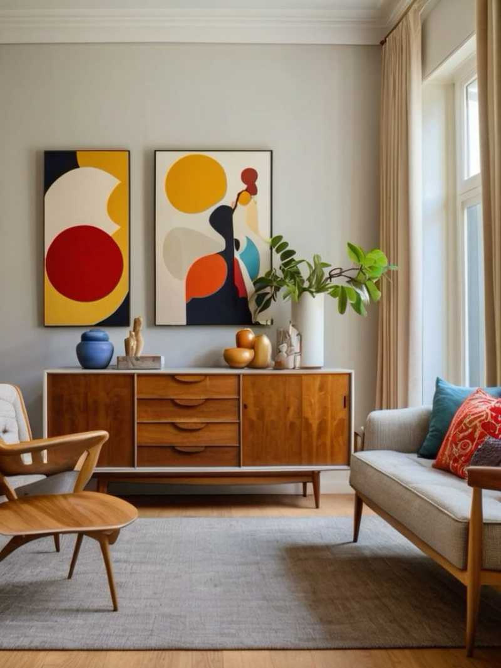 Salón de estilo mid century con cuadros abstractos coloridos. Salón de estilo mid century con cuadros abstractos coloridos.