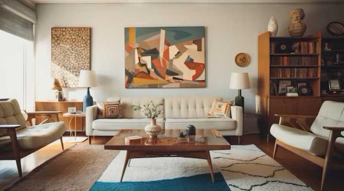 Salón con muebles vintage y piezas modernas.