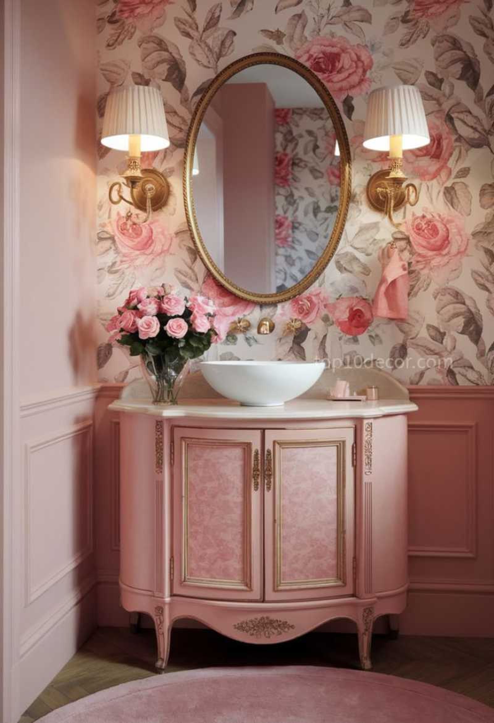 Baño rosa de estilo retro-glam. Baño rosa de estilo retro-glam.