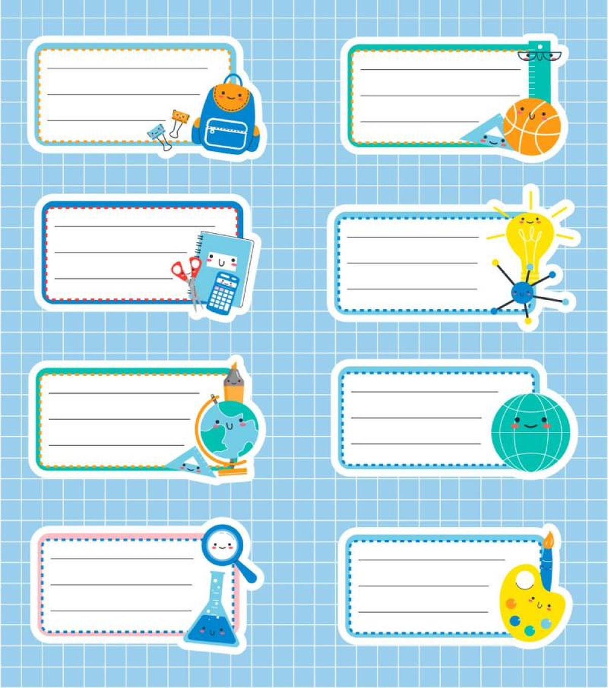 Etiquetas de diferentes asignaturas para los cuadernos del cole.