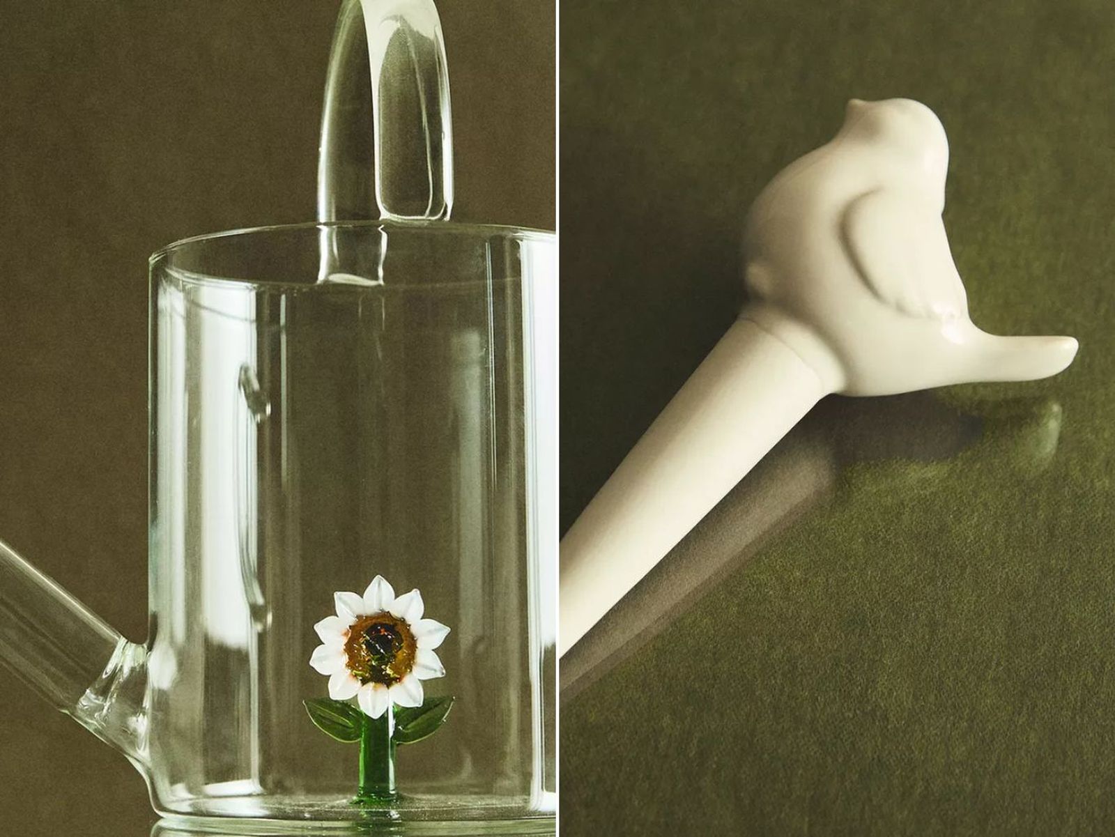 De izq. a drch: Regadera de borosilicato con girasol y Burbuja de autorriego de cerámica con pájaro. De izq. a drch: Regadera de borosilicato con girasol y Burbuja de autorriego de cerámica con pájaro.