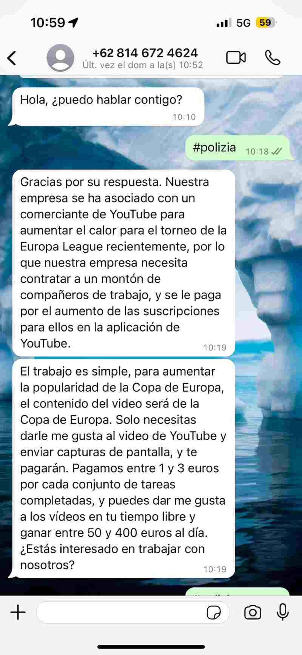 Así se presenta el mensaje de WhatsApp con el prefijo +62