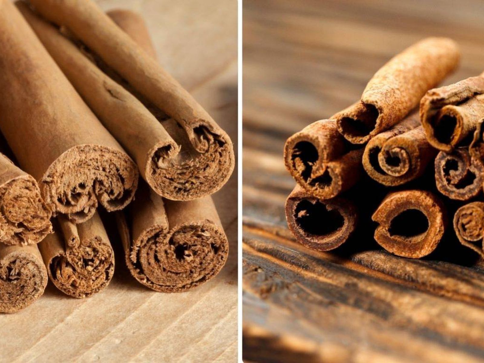 A la izquierda, la canela de Ceylán: palitos finos. A la derecha, la cassia: más gruesa. A la izquierda, la canela de Ceylán: palitos finos. A la derecha, la cassia: más gruesa.