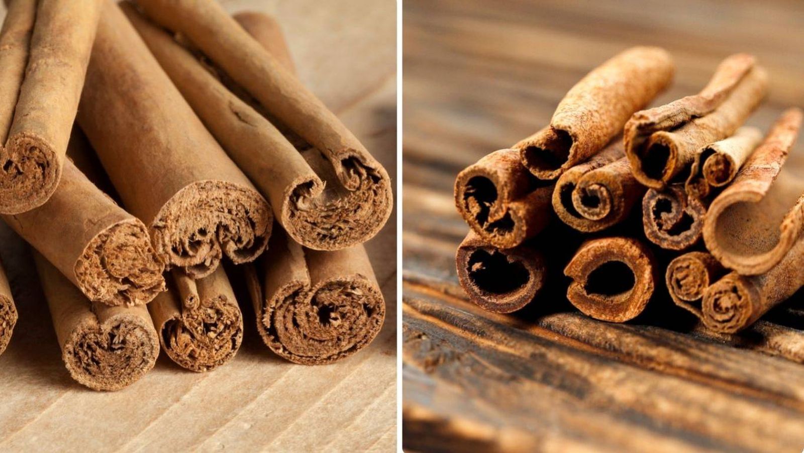 A la izquierda, la canela de Ceylán: palitos finos. A la derecha, la cassia: más gruesa.