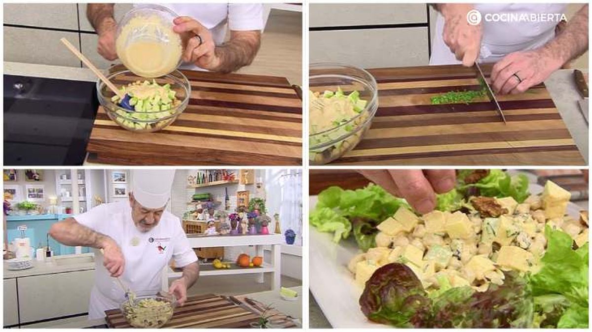 Karlos Arguiñano mezcla los ingredientes para finalizar su ensalada de garbanzos