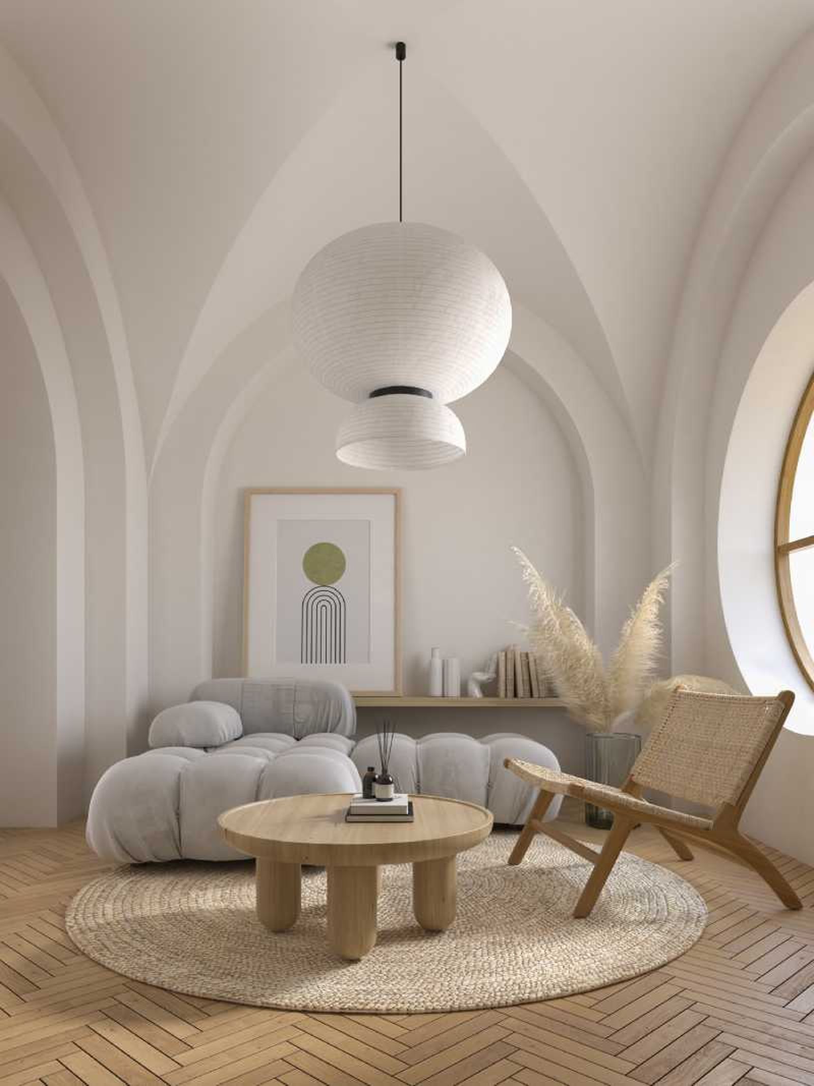 Salón moderno con lámpara original.