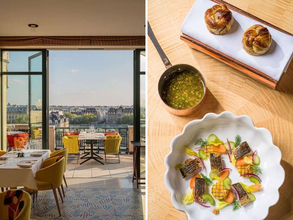 Un balcón sobre la ciudad con vistas panorámicas al Sena y la Torre Eiffel, ideal para enamorar al atardecer.