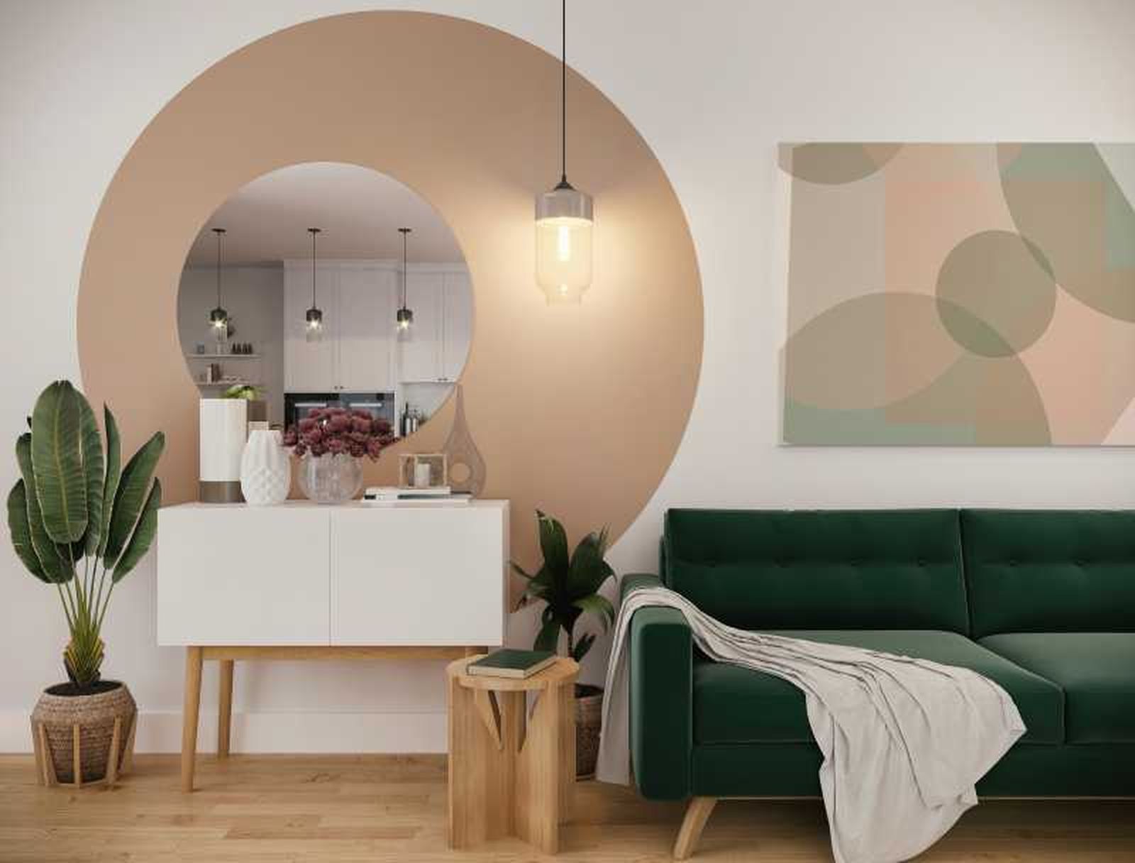 Salón moderno con lámparas colgantes.
