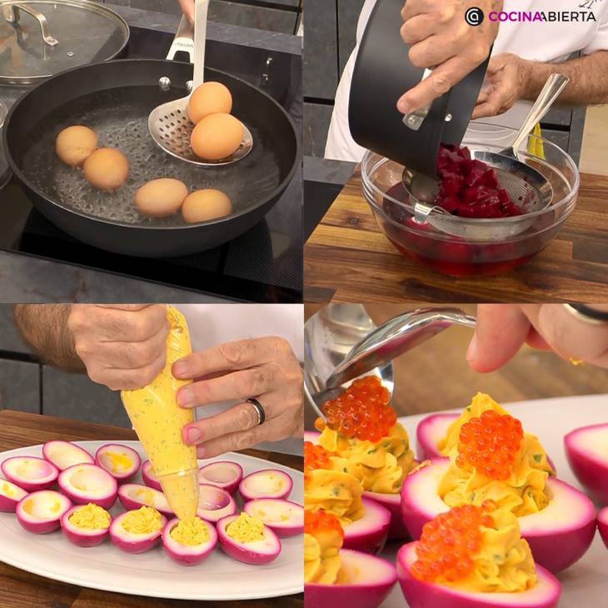 Paso a paso para hacer huevos rosas rellenos con huevas de trucha