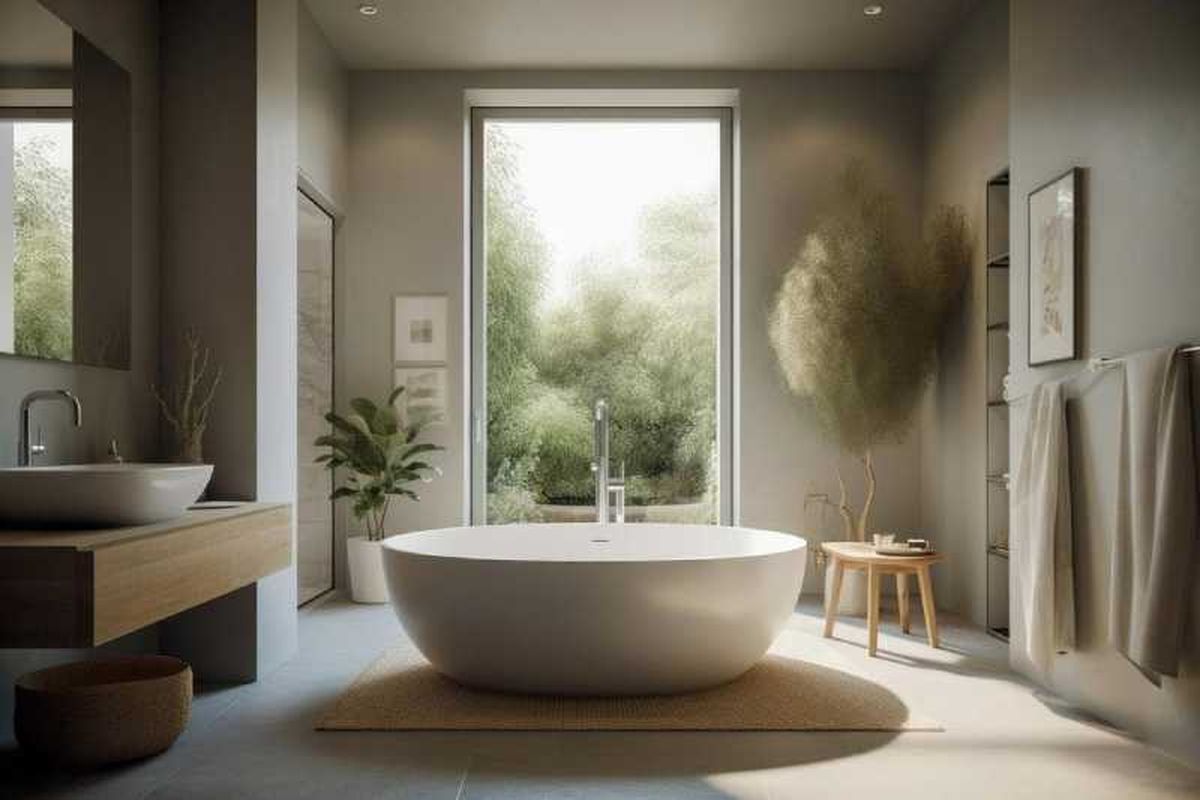 Baño elegante decorado con plantas.