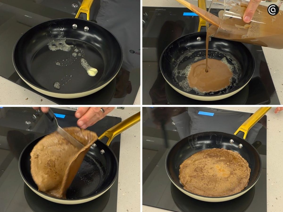 Vierte la masa de chocolate en la sartén, repártela bien y forma los crepes