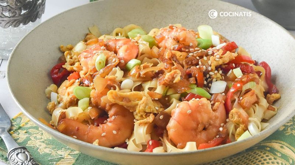 Noodles de arroz con gambas