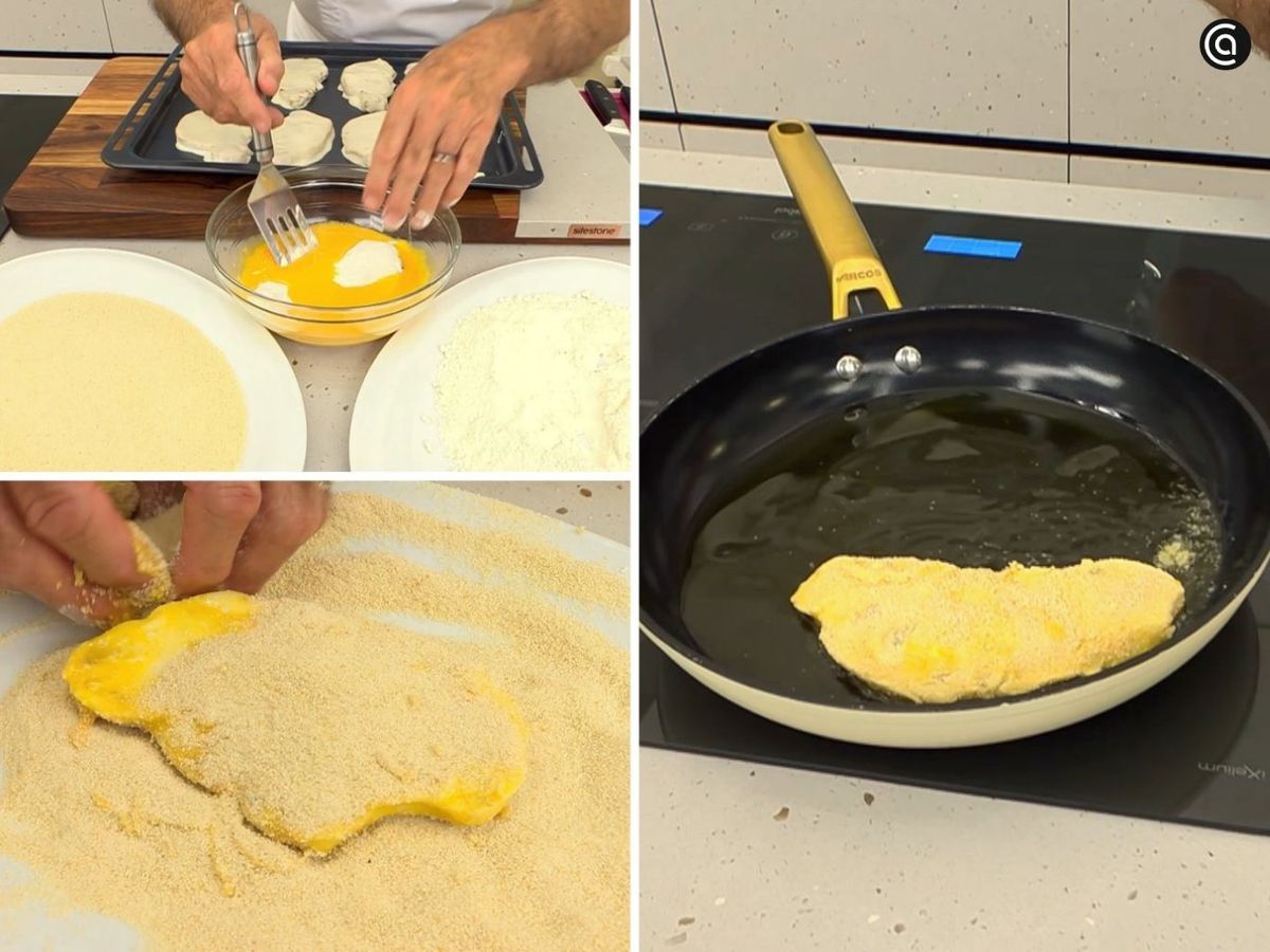 Pasa las chuletas por harina, huevo batido y pan rallado antes de llevarlas a la sartén