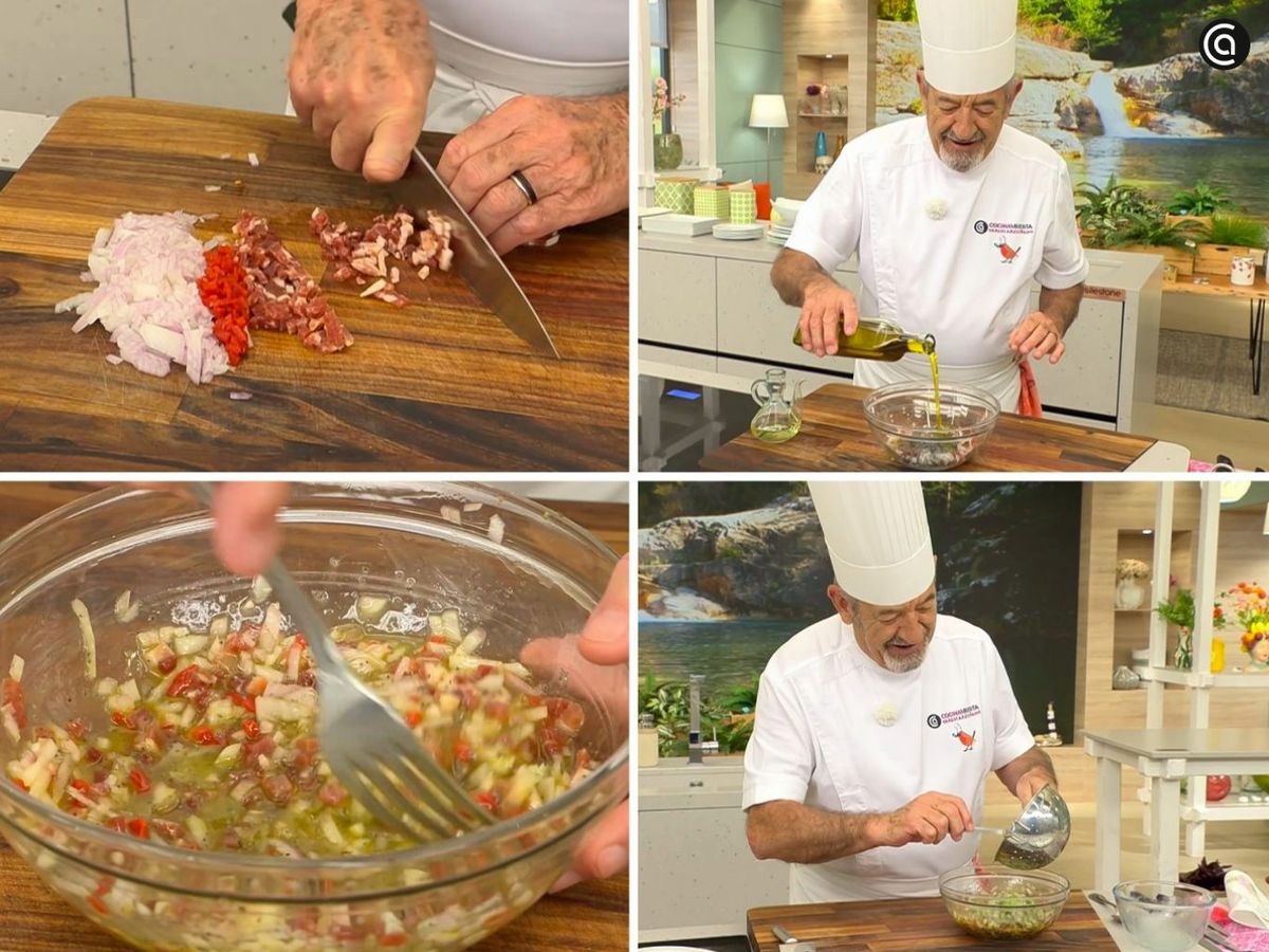 Corta la cebolla, el pimiento y el jamón; aliña con aceite y vinagre y mezcla con las habitas cocidas