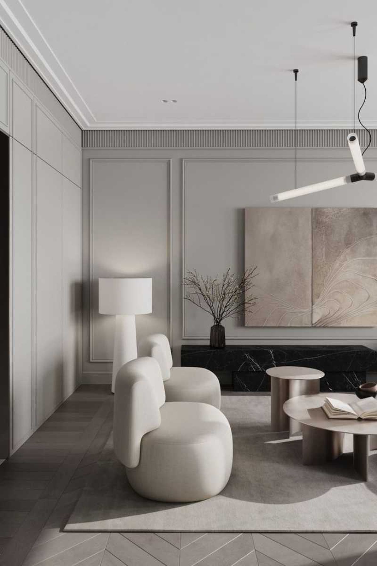 Salón con molduras en la pared.