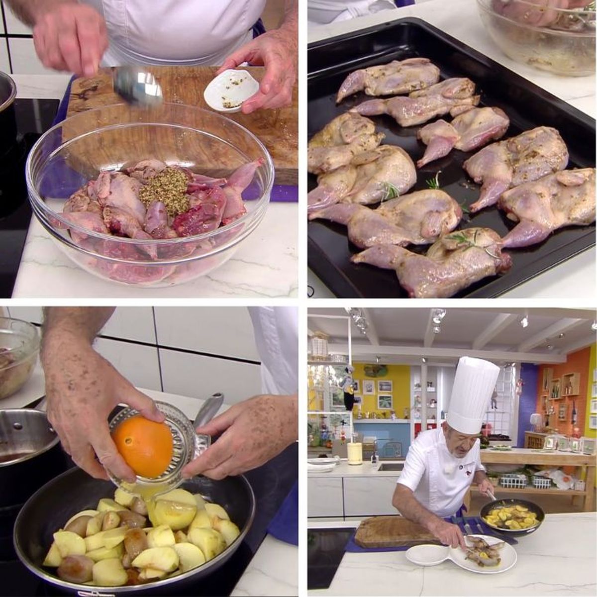 Los últimos pasos para elaborar codornices con manzanas y chalotas