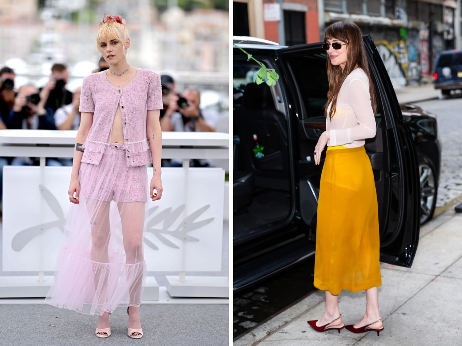 Kristen Stewart y Dakota Johnson con faldas transparentes sin forro / Fotos: Getty Images