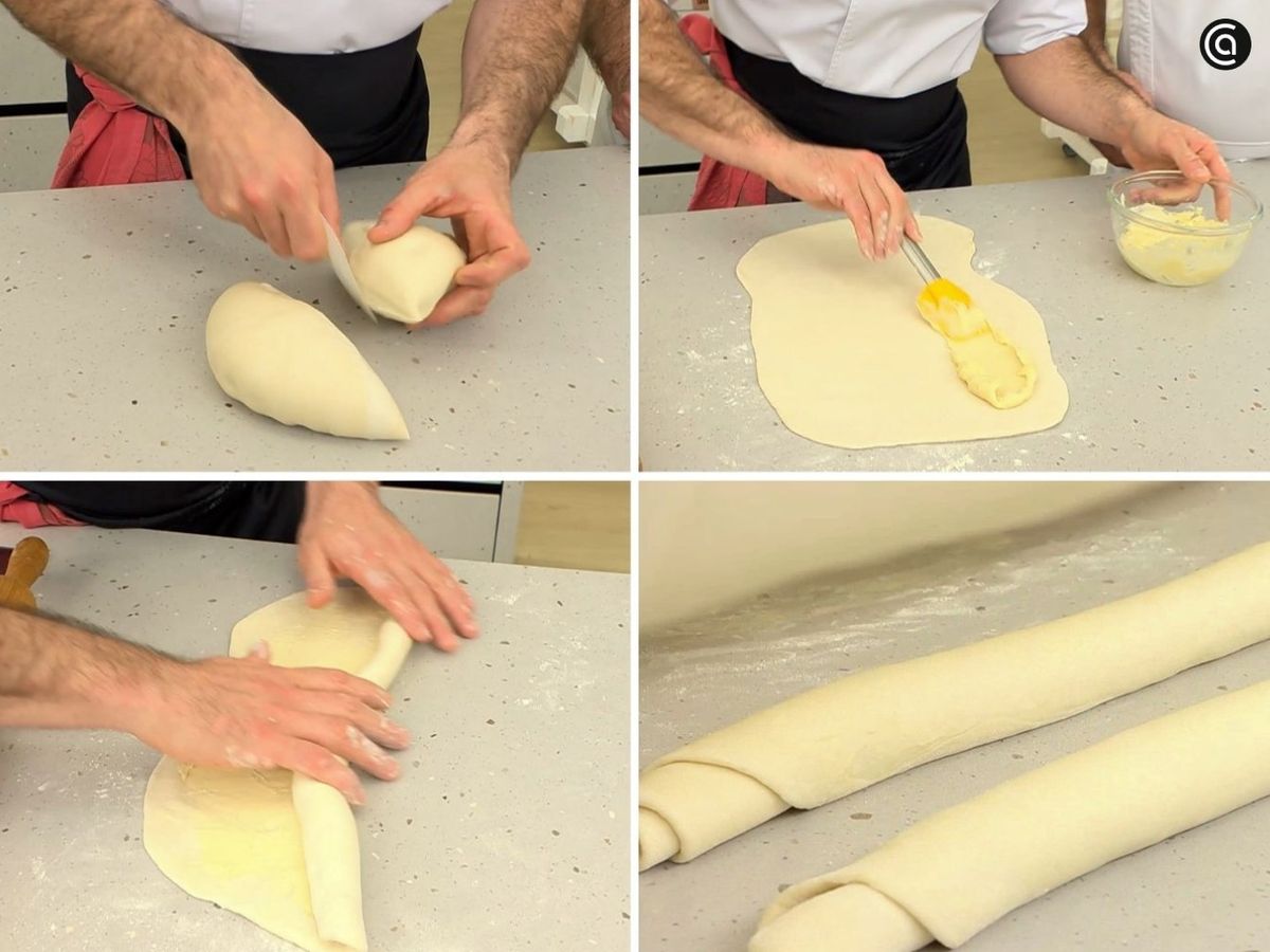 Corta la masa en dos, estira cada porción, unta con mantequilla, enrolla y deja reposar.