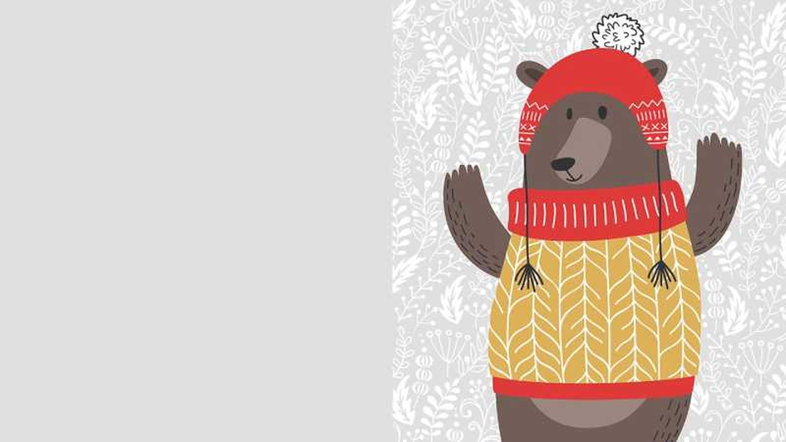 Postal navideña de oso con jersey. Postal navideña de oso con jersey.