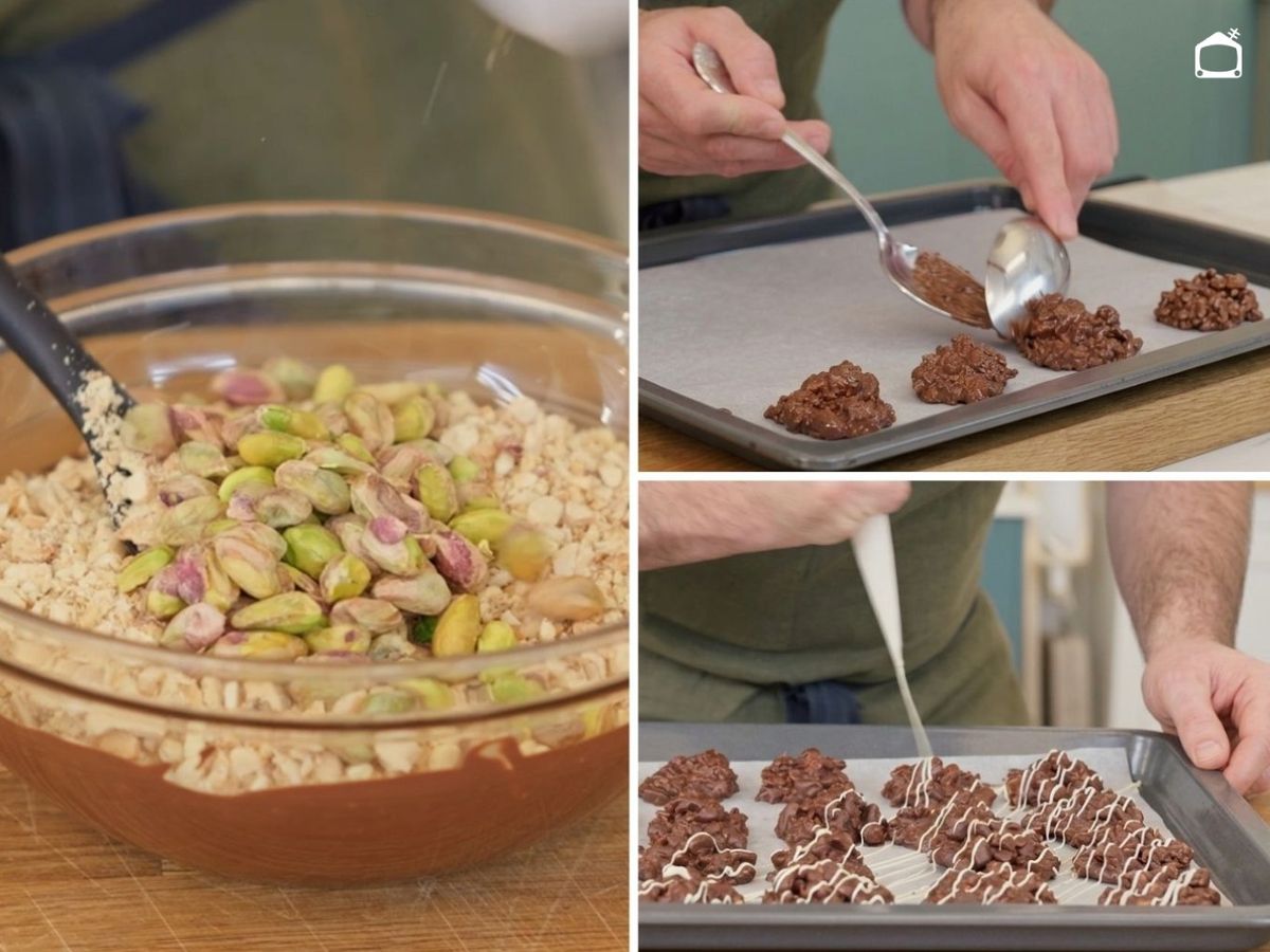 Mezcla los frutos secos con el chocolate fundido y forma las rocas