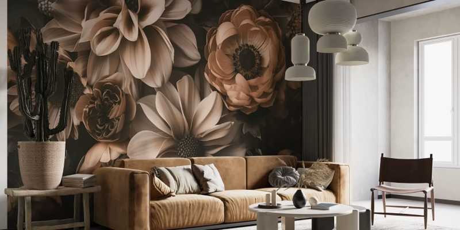 Salón con mural de flores decorado en Mocha Mousse. Salón con mural de flores decorado en Mocha Mousse.