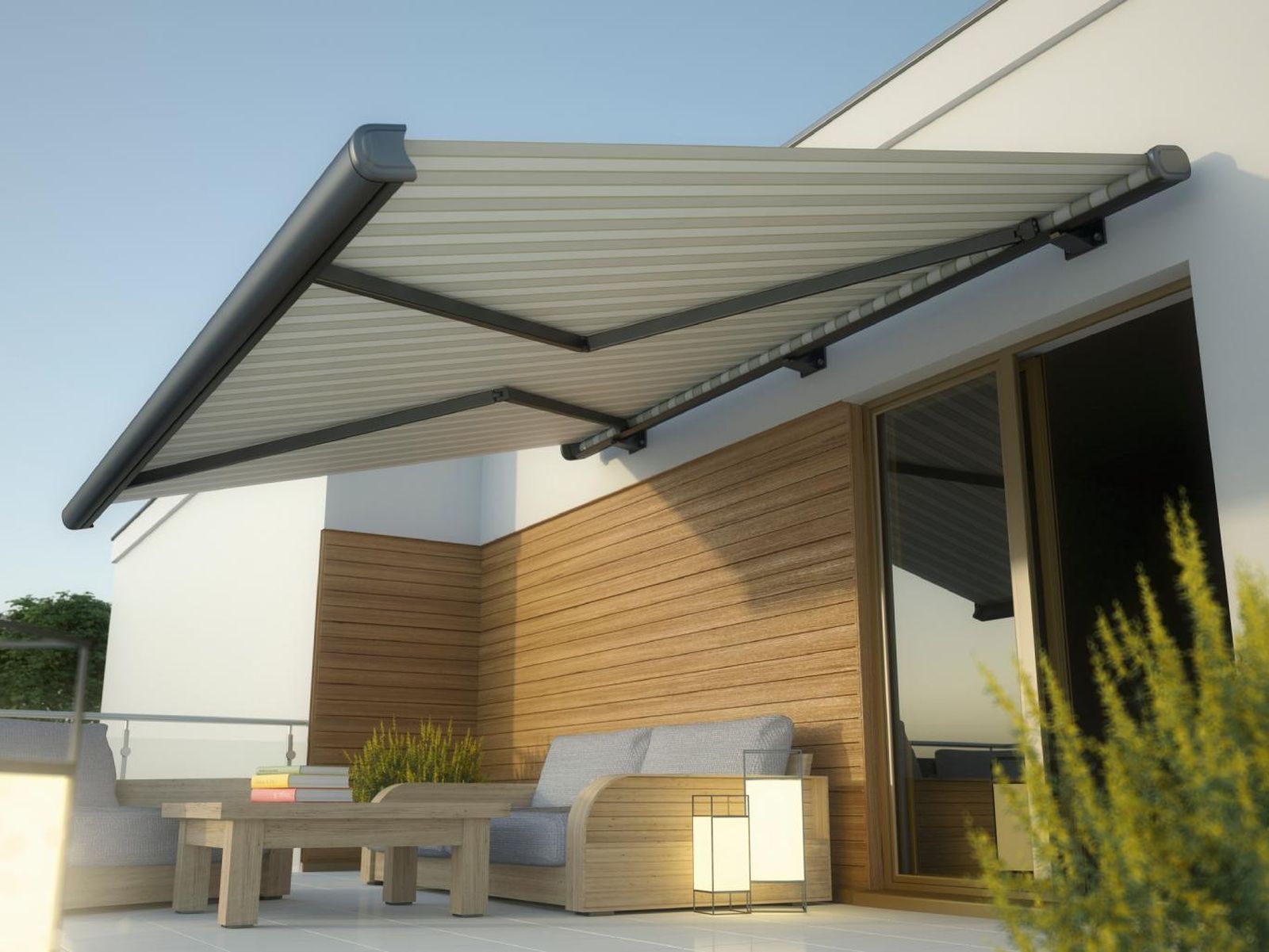Terraza con toldo.