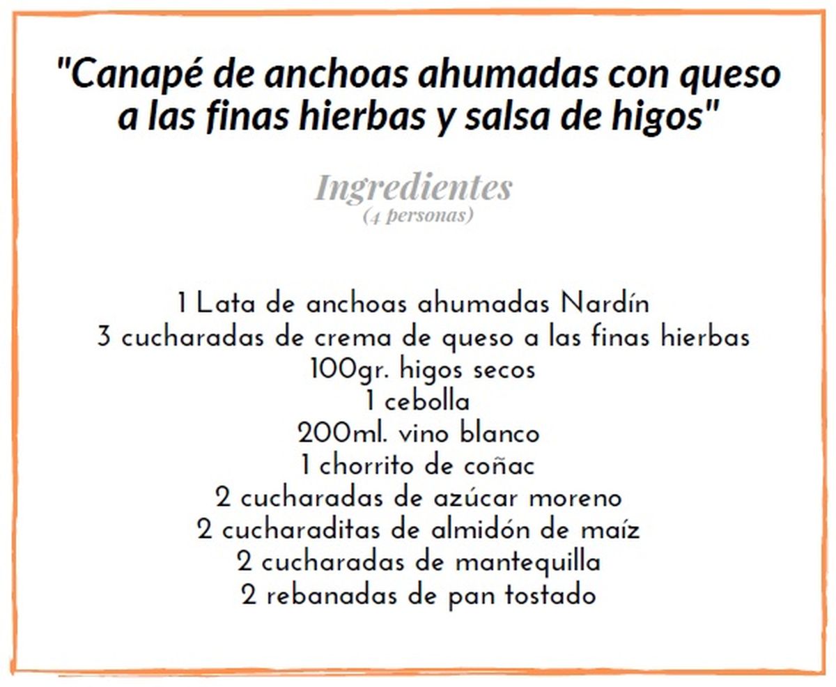 Canapé de anhoas ahumadas con queso a las finas hierbas y salsa de higos  ingredientes