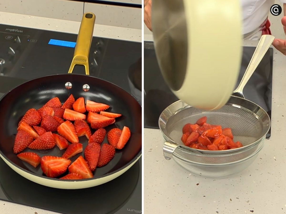 Trocea las fresas y cocínalas ligeramente en la sartén