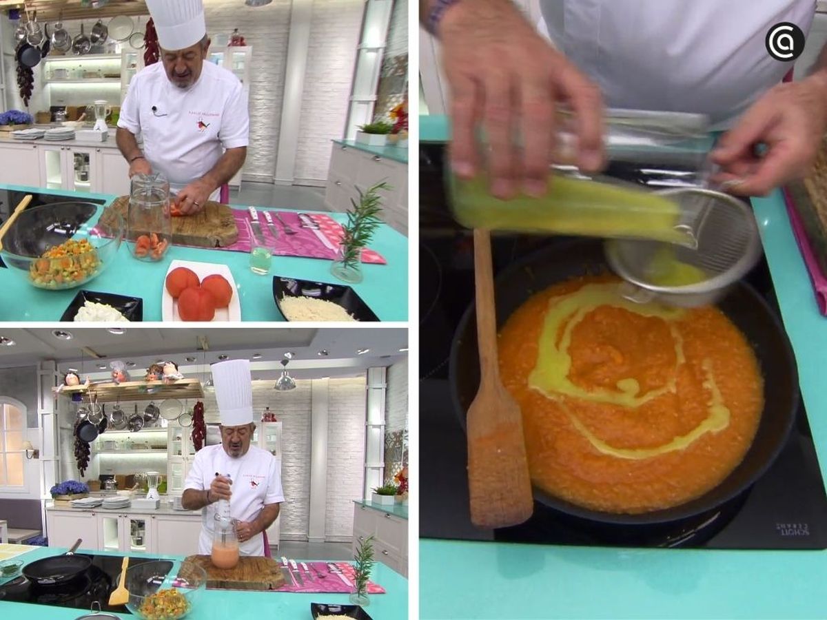 Cuela el aceite de romero e incorpóralo a la salsa de tomate