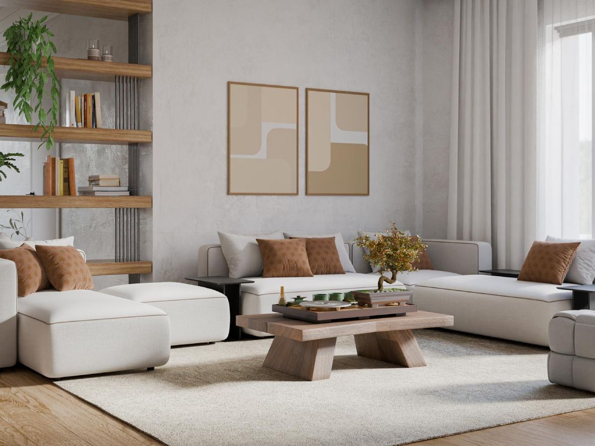 Salón acogedor con adornos en color tierra.