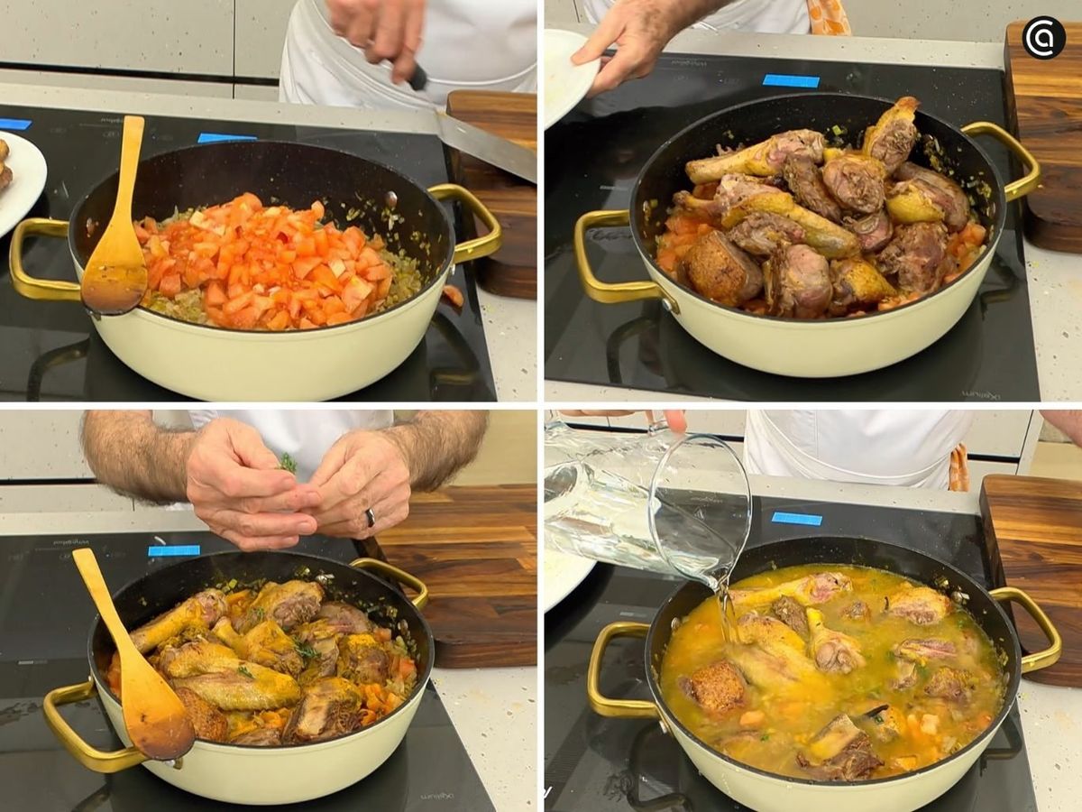 Prepara el sofrito, incorpora el pato, añade la vainilla, cubre con agua y cocin