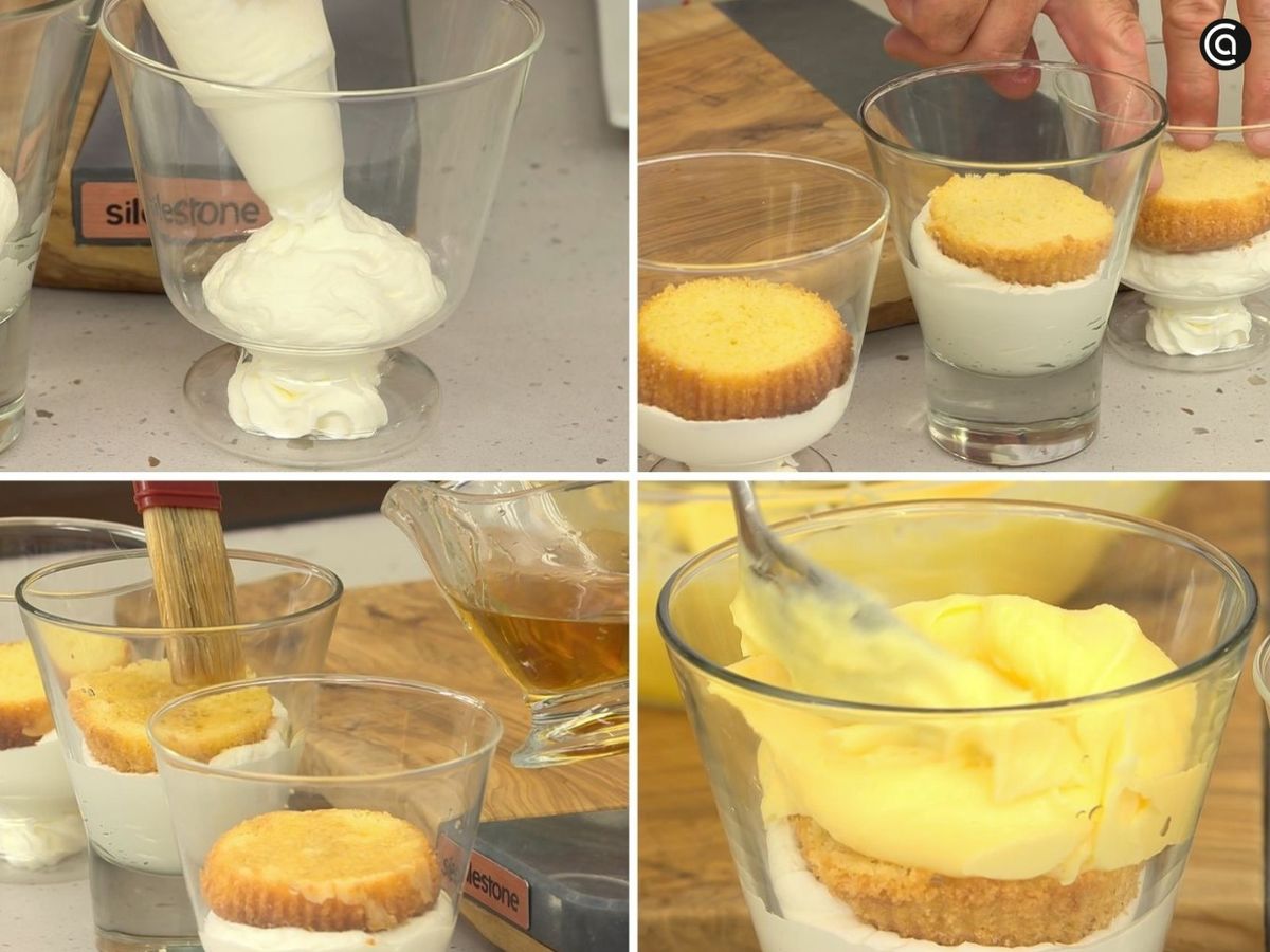 En un vaso, pon una capa de nata, luego la magdalena y después la crema pastelera