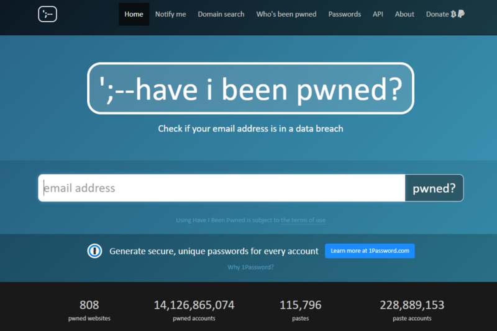Portada de la web Have I Been Pwned Portada de la web Have I Been Pwned