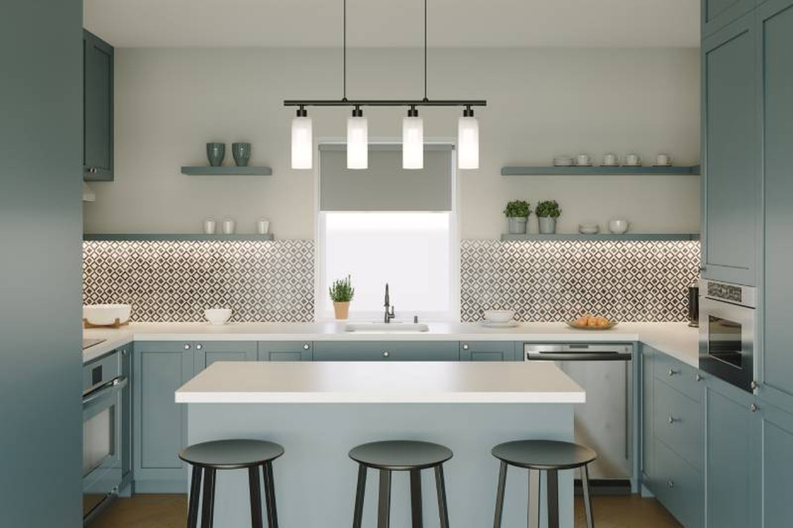 Cocina con papel pintado geométrico en el salpicadero.