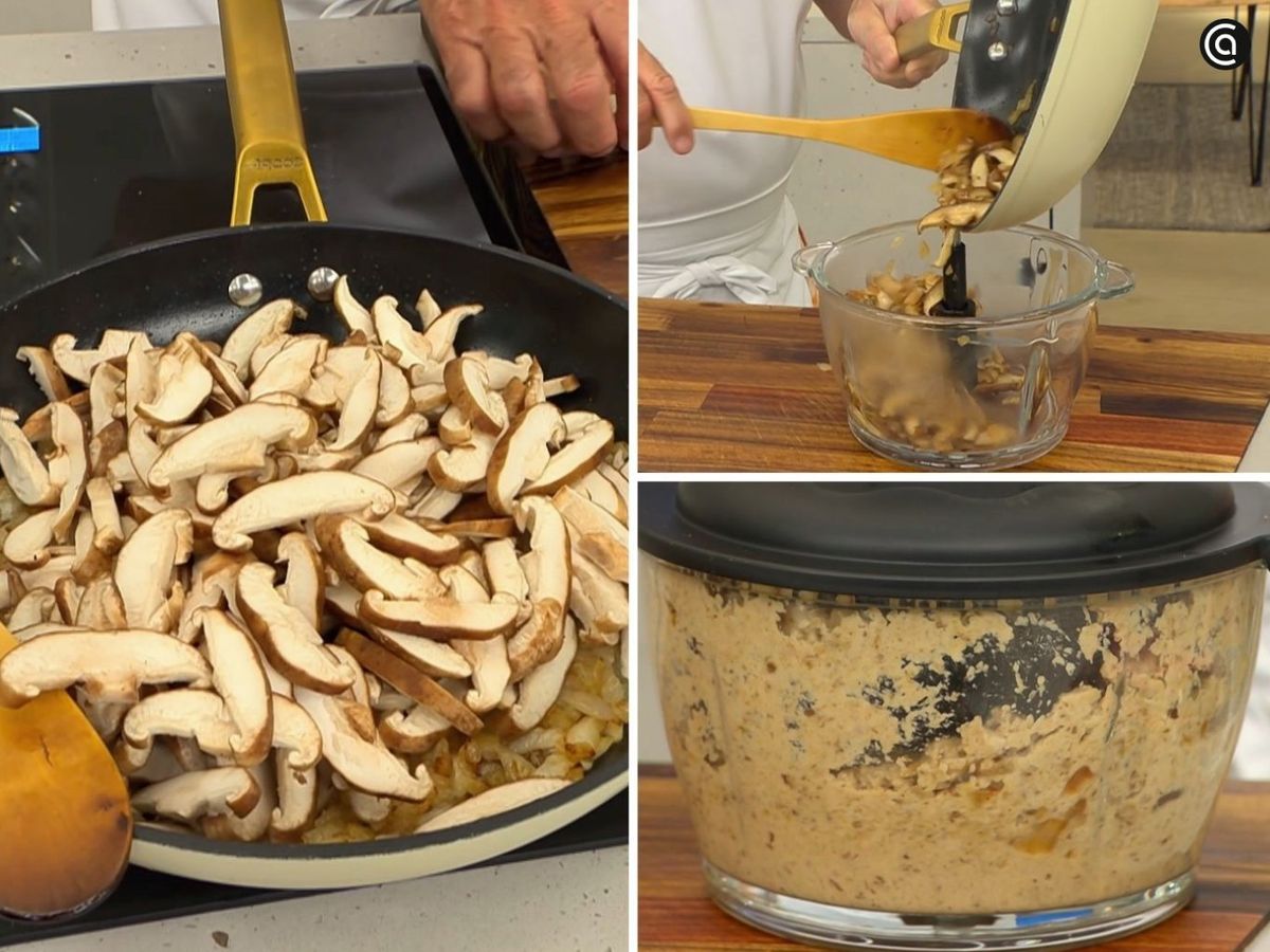Incorpora las setas shiitake, cocina unos minutos y tritura