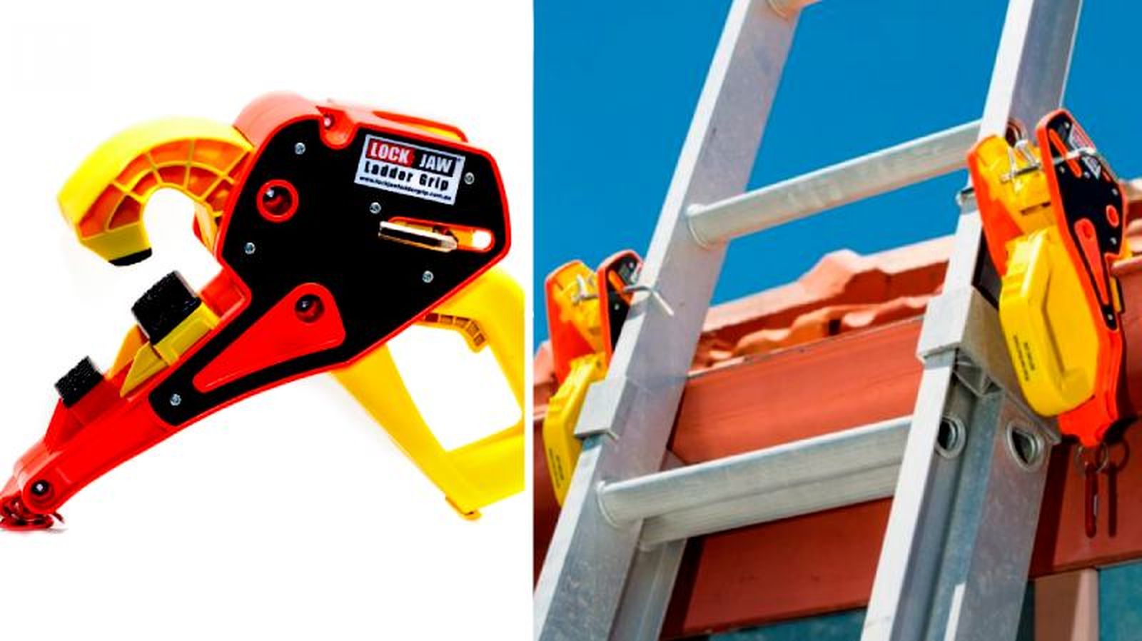 Herramienta Lock Jaw Ladder Grip enganchada en la canaleta Herramienta Lock Jaw Ladder Grip enganchada en la canaleta