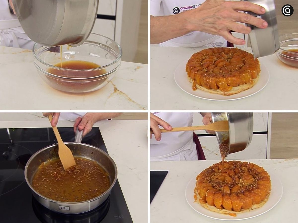 Reduce el jugo de cocción, desmolda la tarta y vierte por encima el jugo reducido