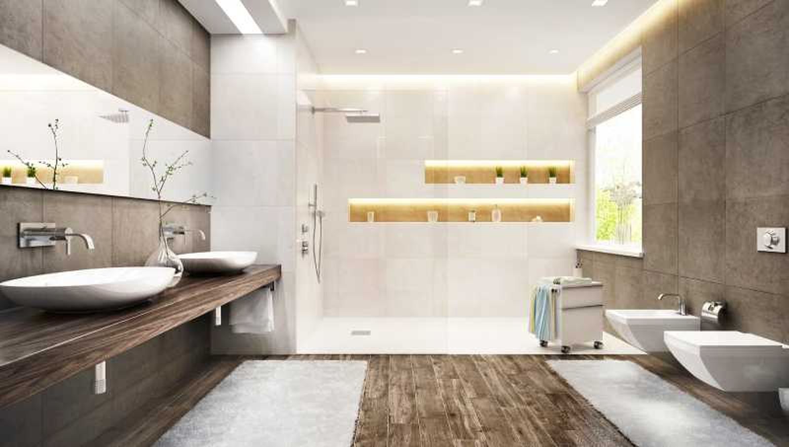 Baño lujoso en madera y blanco. Baño lujoso en madera y blanco.
