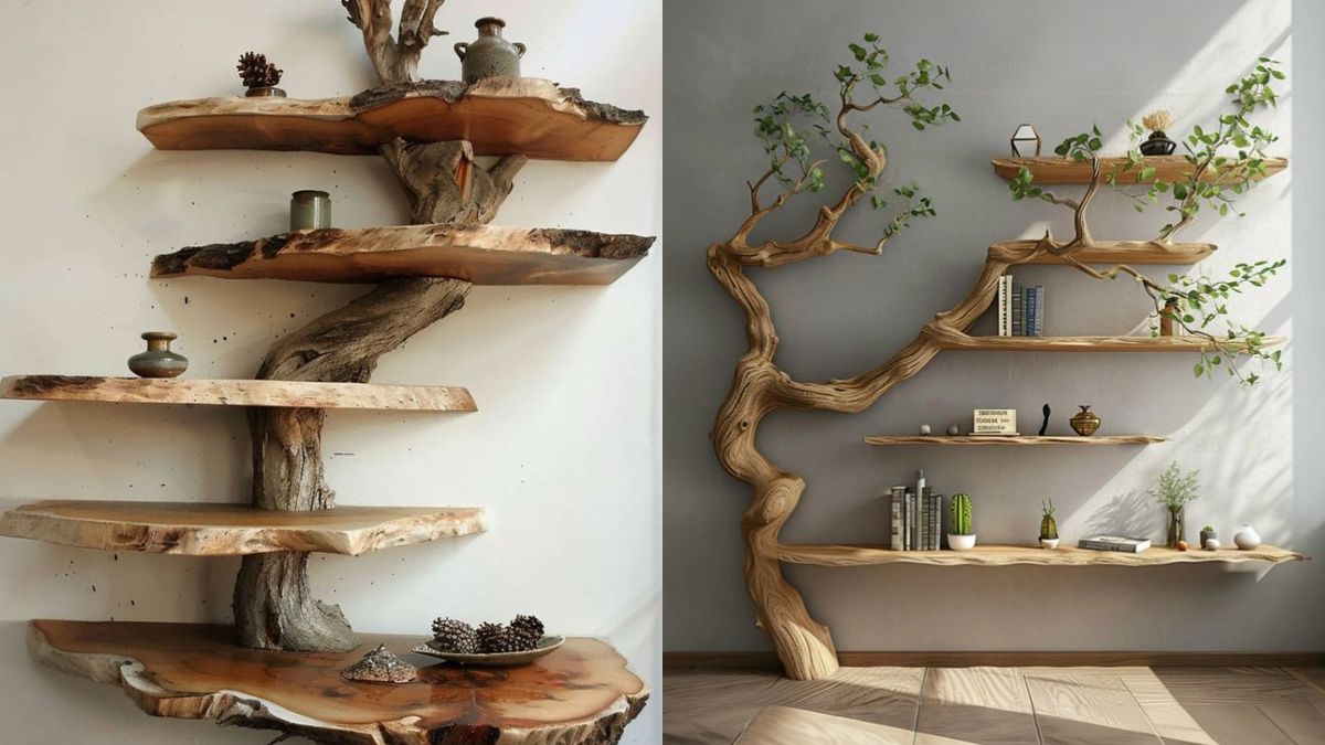 Estantes realizados de madera con troncos naturales / Fotos: Pinterest